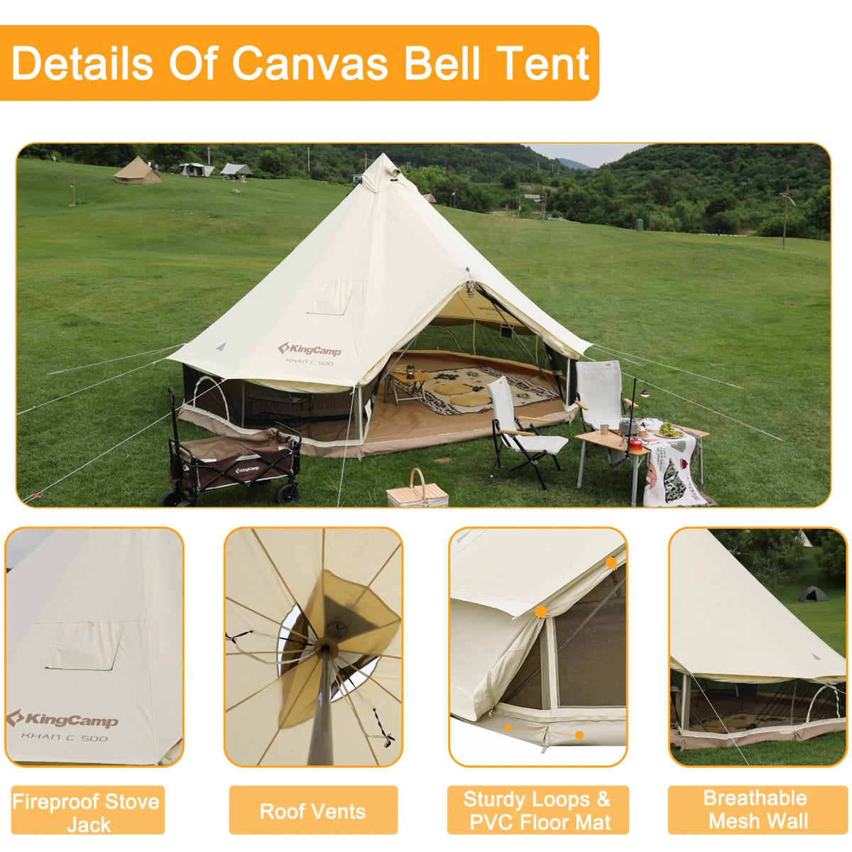 Canvas Bell Tent with Stove Jack Hole, 8-People 4 Seasons P34509