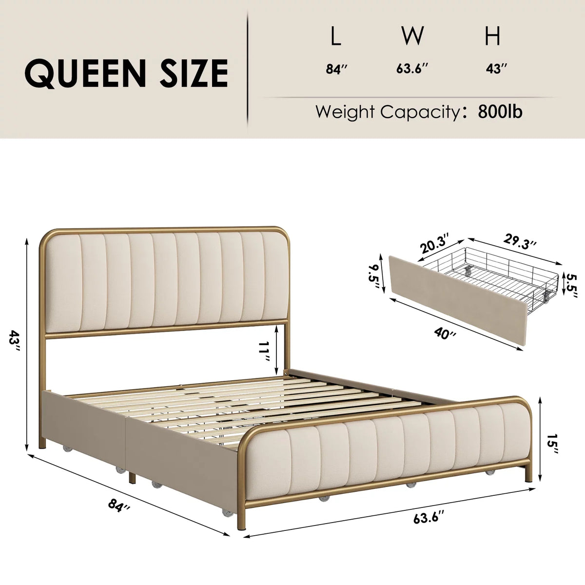 Queen Size Beige Upholstered Platform Bed with 4 Storage Drawers W214