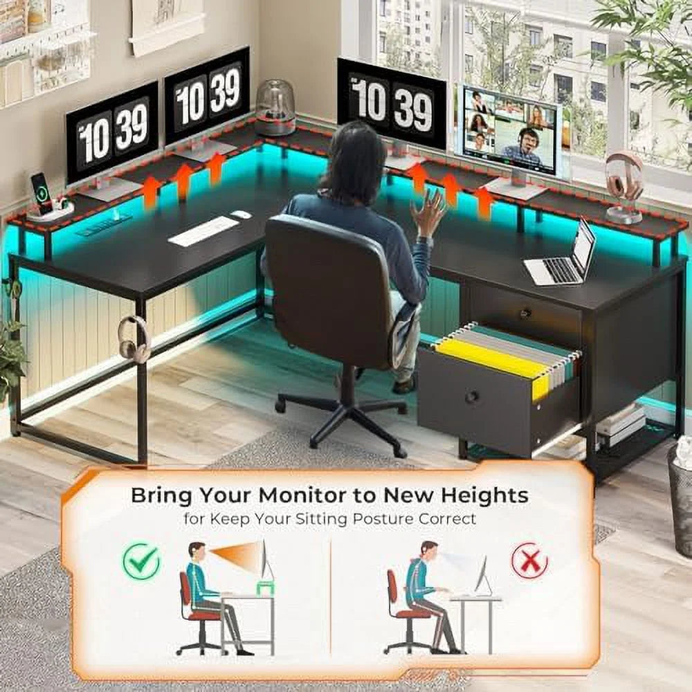 Black L Shaped Corner Computer Desk with Drawers U216384
