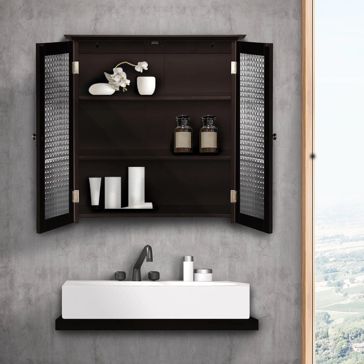 Wooden Wall Cabinet with 2 Glass Doors U6873