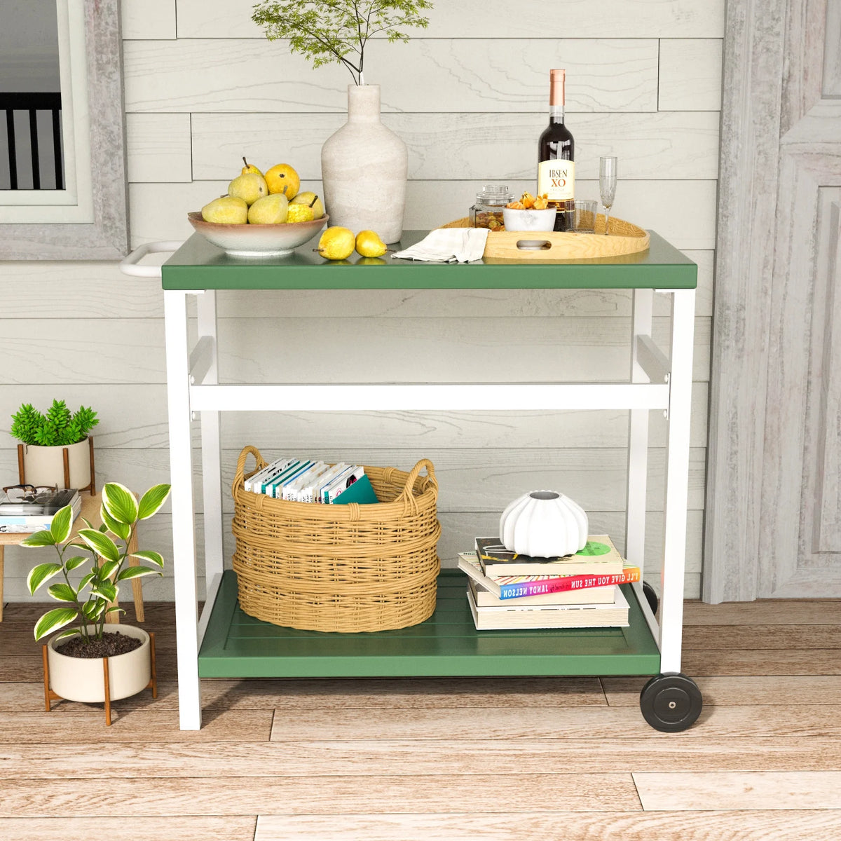Outdoor Dining Cart Table Aluminum Grill Table with Wheels J409