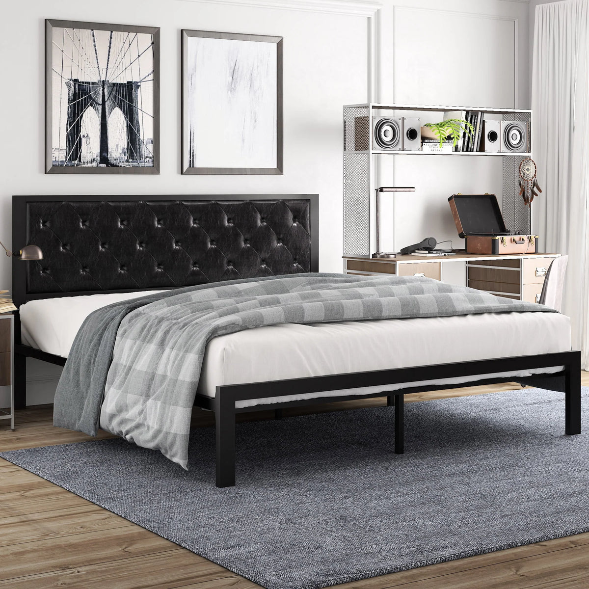 Twin Size Metal Bed Frame with Upholstered Headboard D9605