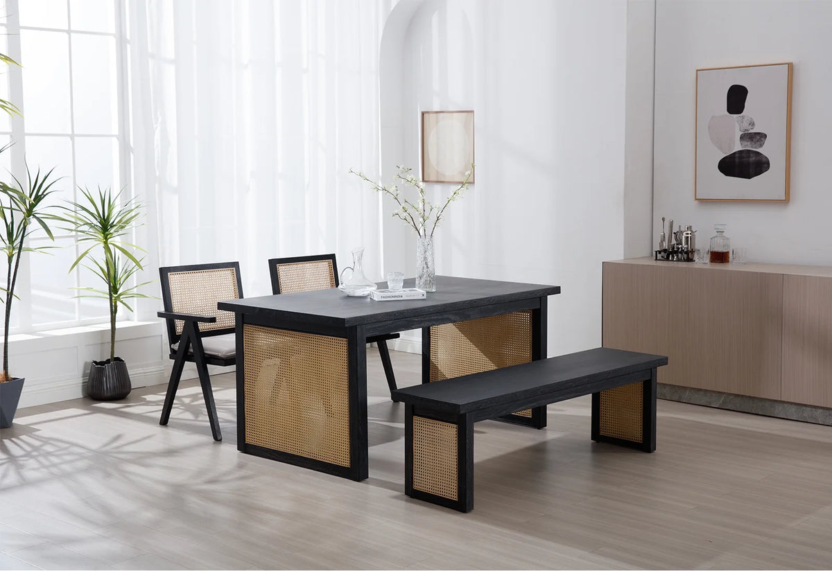 63" Solid Wood Rectangular Dining Table with Rattan Legs N413