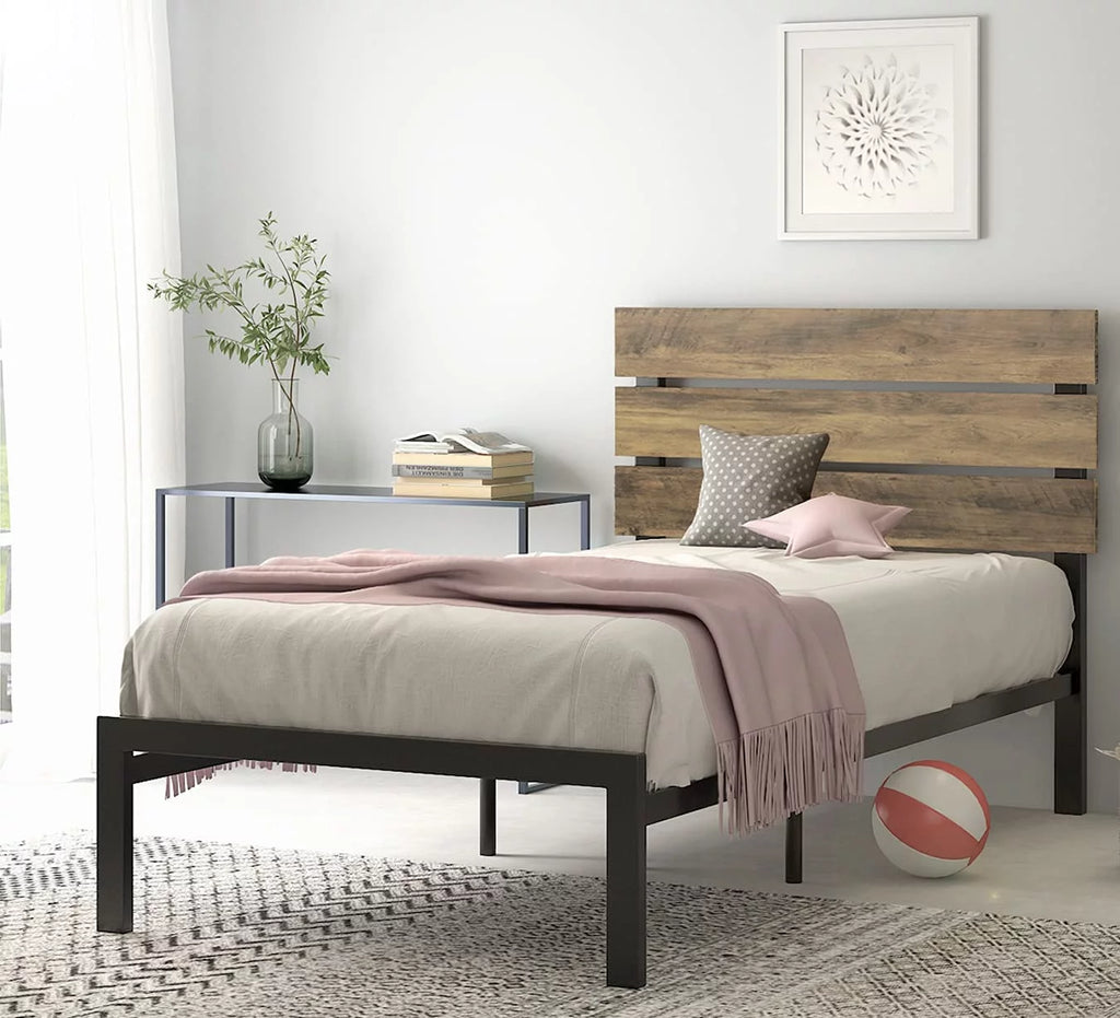 Twin Rustic Style Metal Platform Bed with Headboard and Metal Slats, Brown D57548