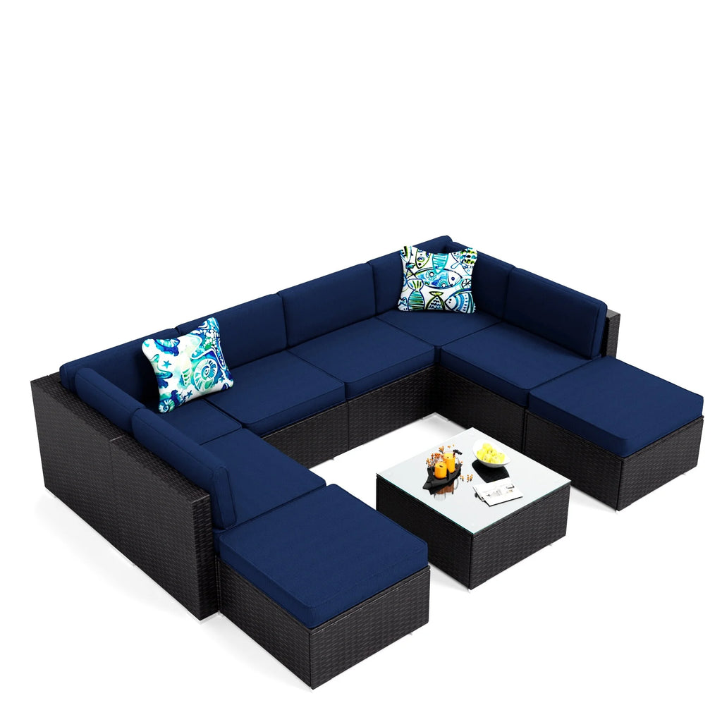 9-Piece Rattan Wicker Cushioned Patio Sectional Sofa Set J362159