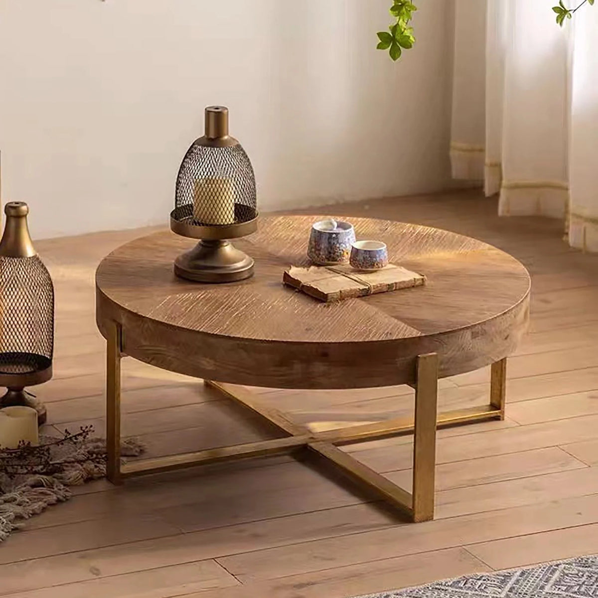 Modern Wood Round Coffee Table with Gold Cross Legs M583