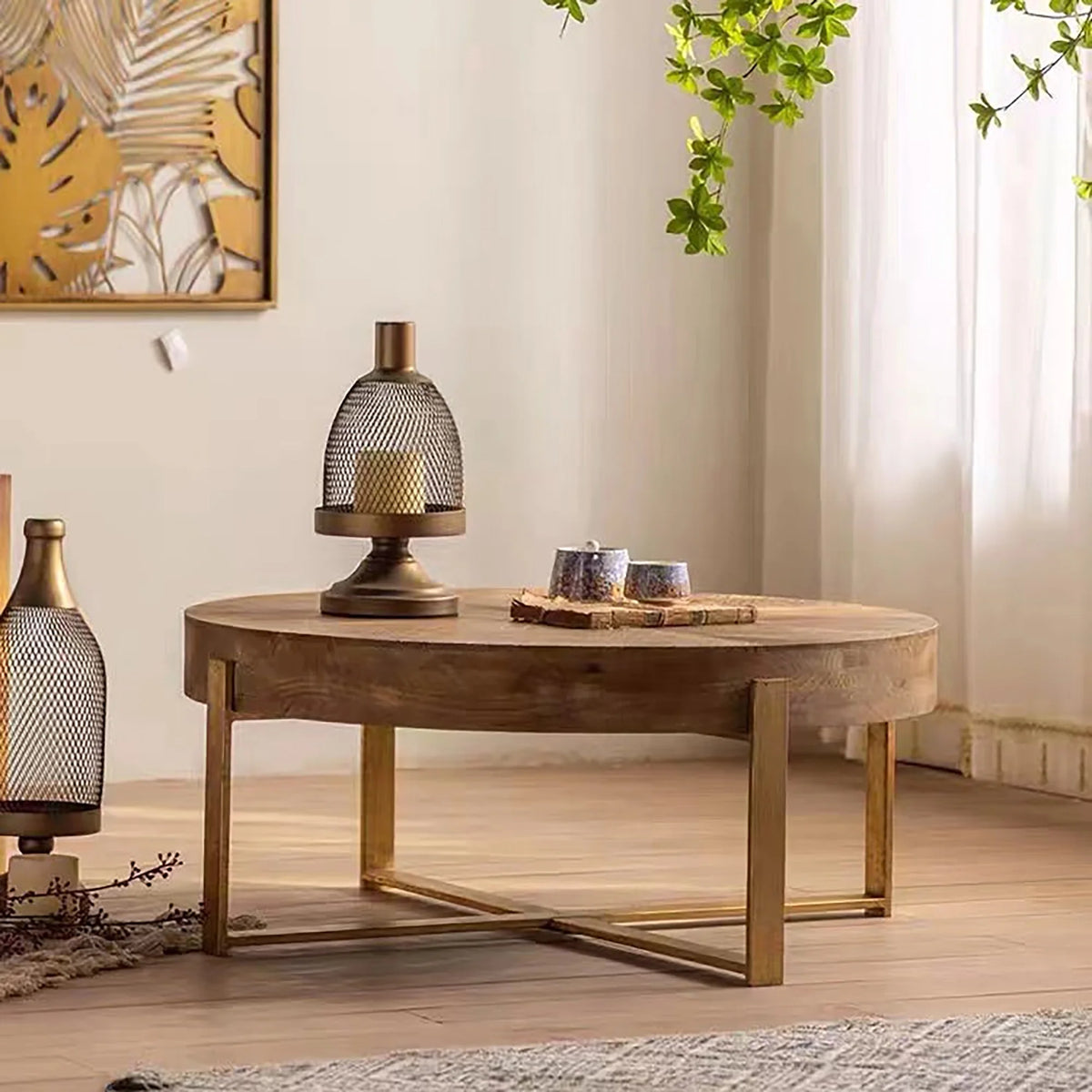 Modern Wood Round Coffee Table with Gold Cross Legs M583