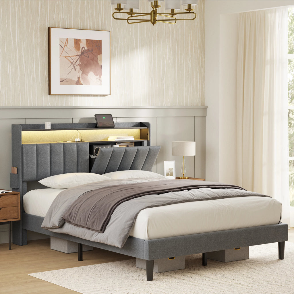 Queen Upholstered Platform Bed Frame with Storage Headboard Y9048