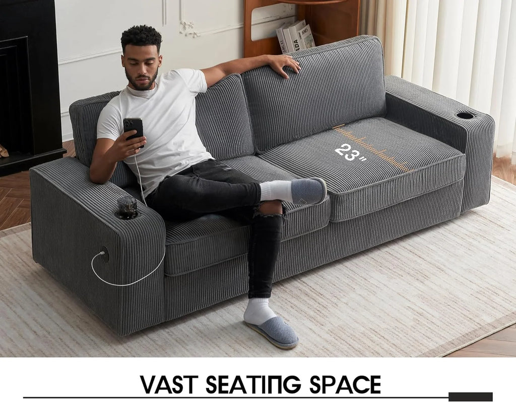 89 inch Grey Chenille Sofa with USB Charging Ports & Cup Holders Q549628
