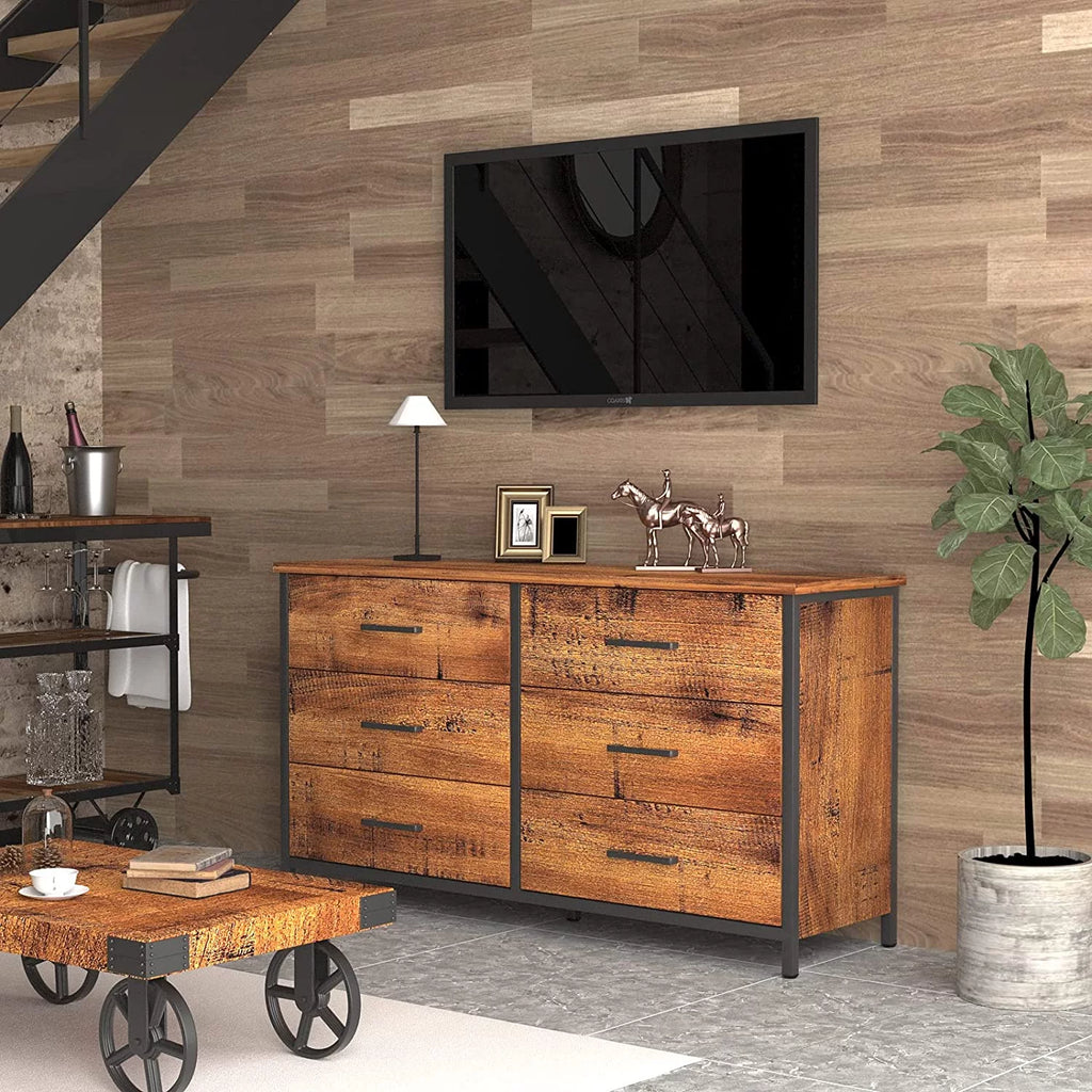 6 Drawer Double Dresser Industrial Wood Storage Dresser V8354