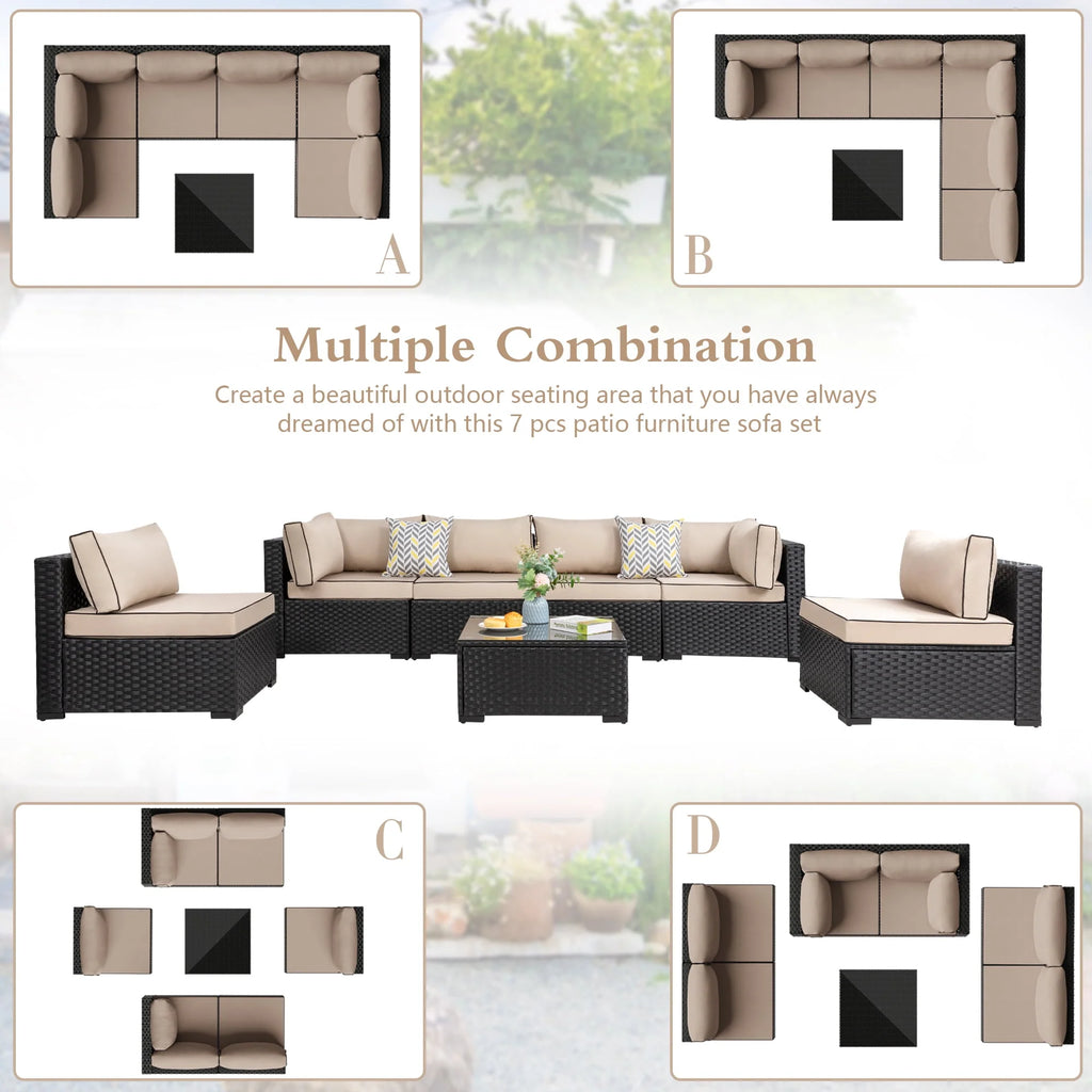 7 Pieces All-Weather Rattan Sectional Sofa with Tea Table E41427