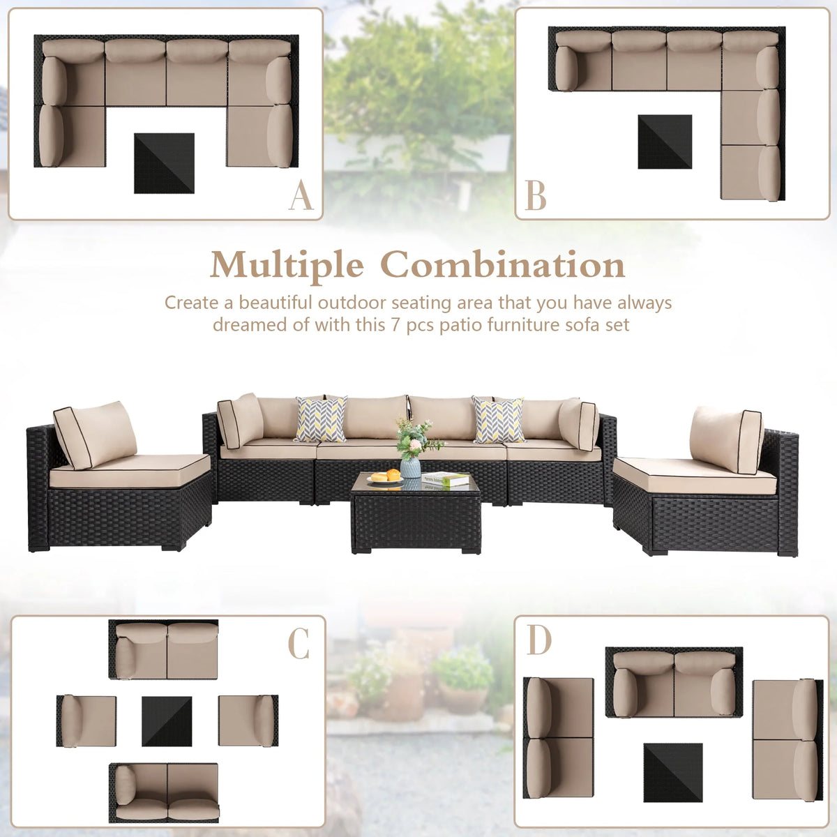 7 Pieces All-Weather Rattan Sectional Sofa with Tea Table E41427