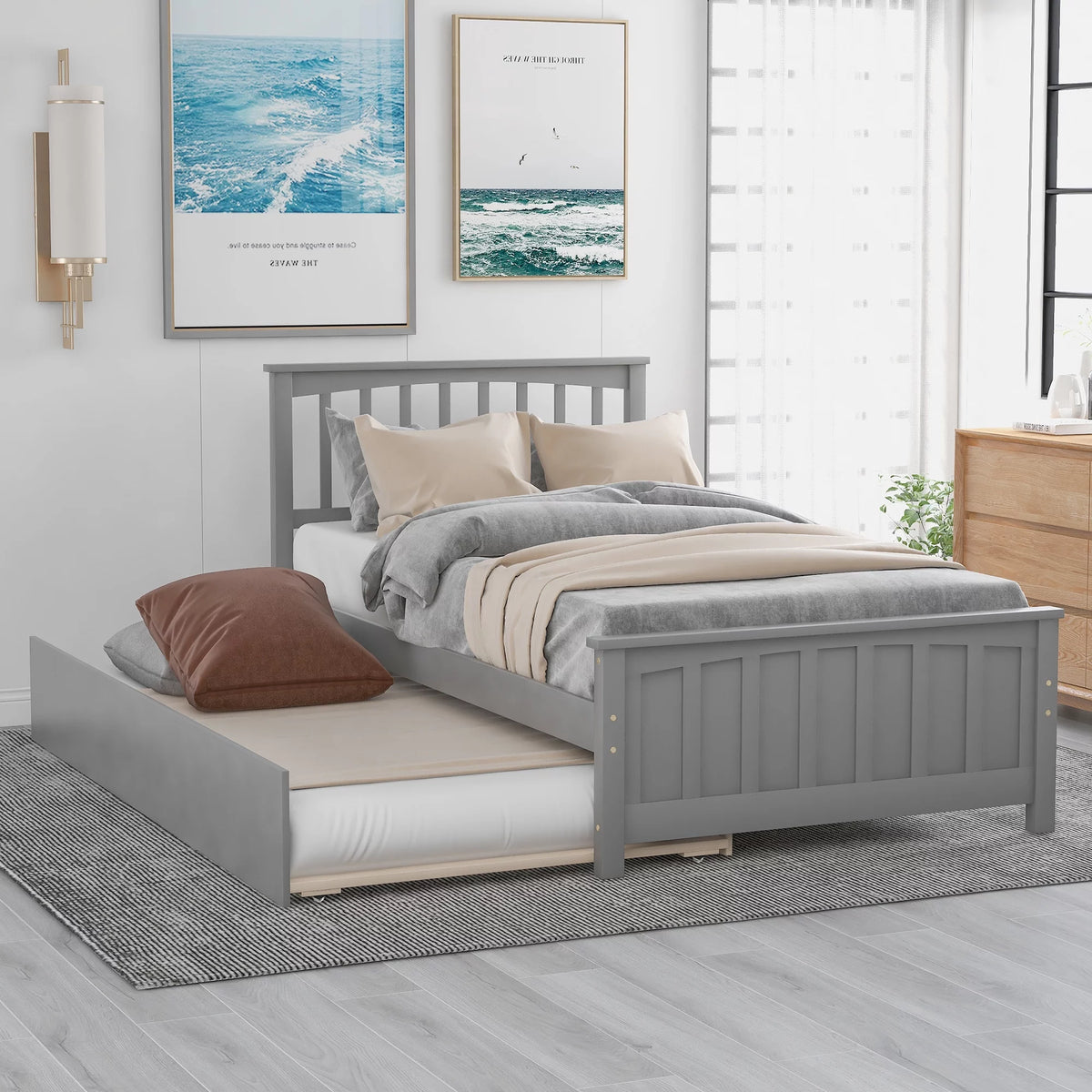 White Solid Wood Twin Platform Bed with Trundle K827
