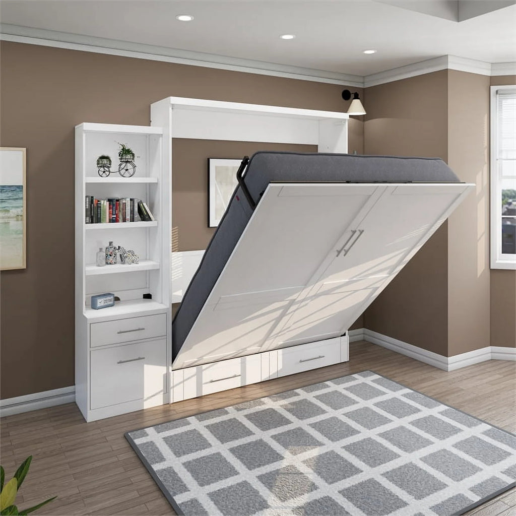 Queen Solid Wood Murphy Wall Bed with Storage Piers White B66977