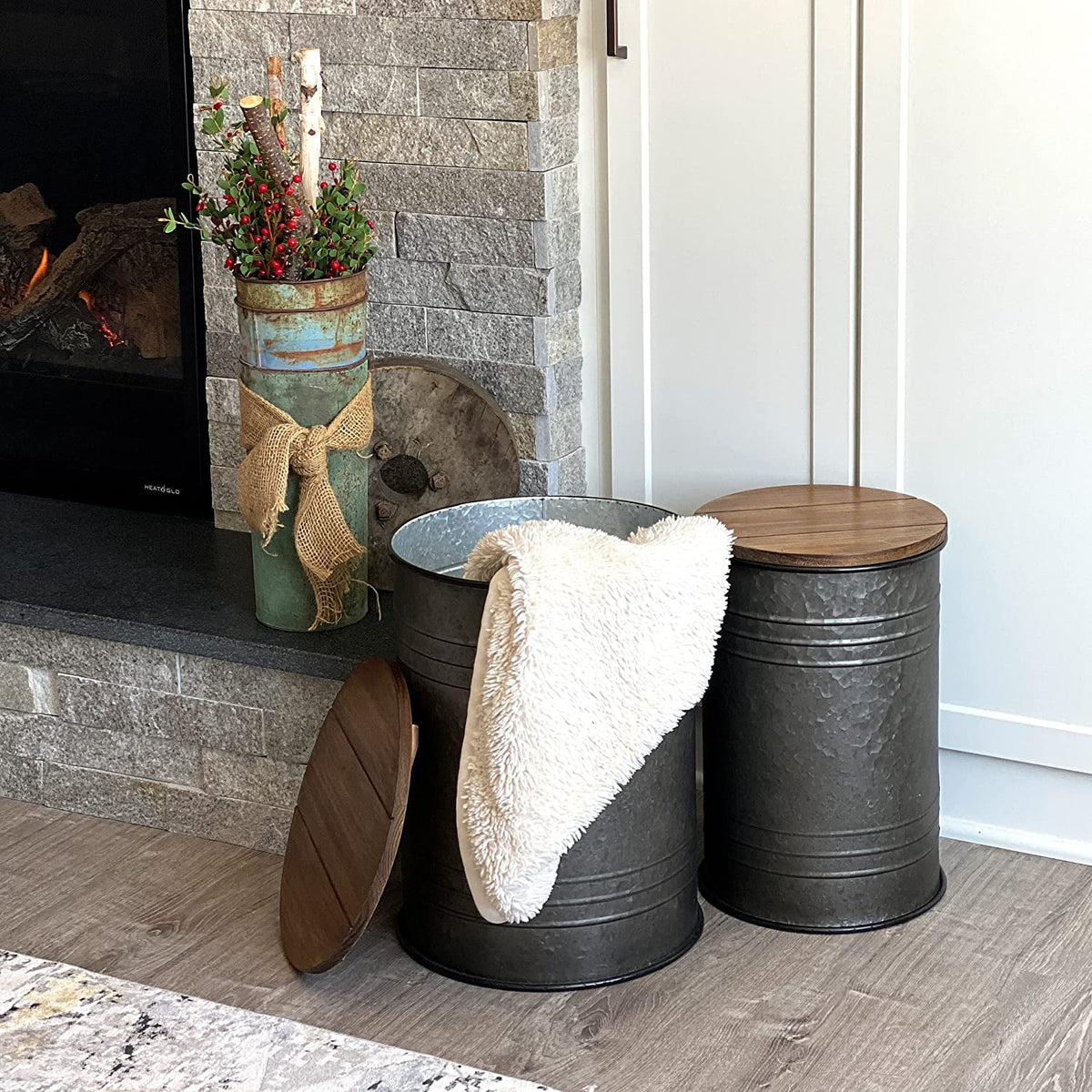 2pk Galvanized Metal Barrel Side Table Ottoman Set O811362