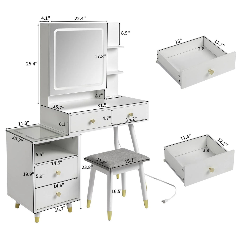 White Lighted Vanity Table Set with LED Nightstand S512