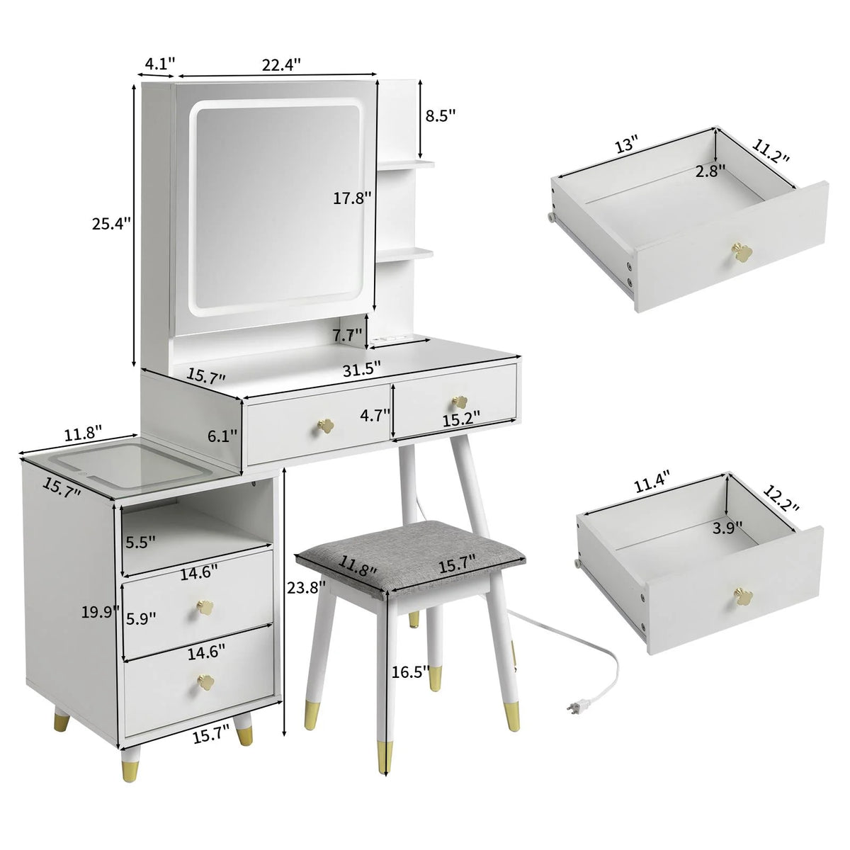 White Lighted Vanity Table Set with LED Nightstand S512