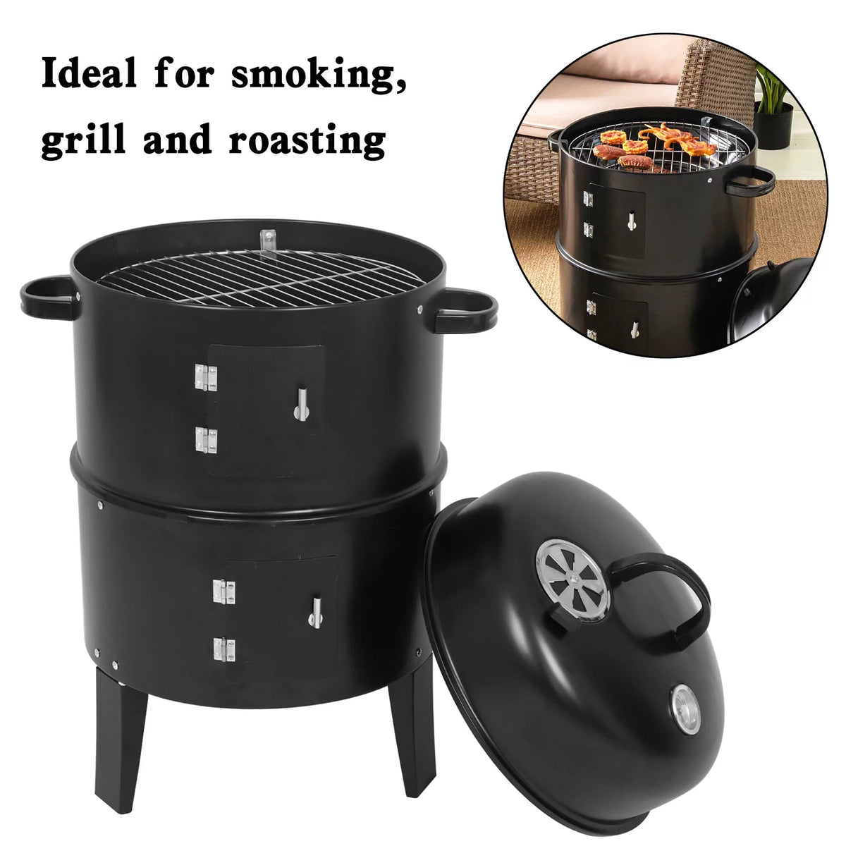 Detachable 3-in-1 Vertical Charcoal BBQ Smoker Grill W349842