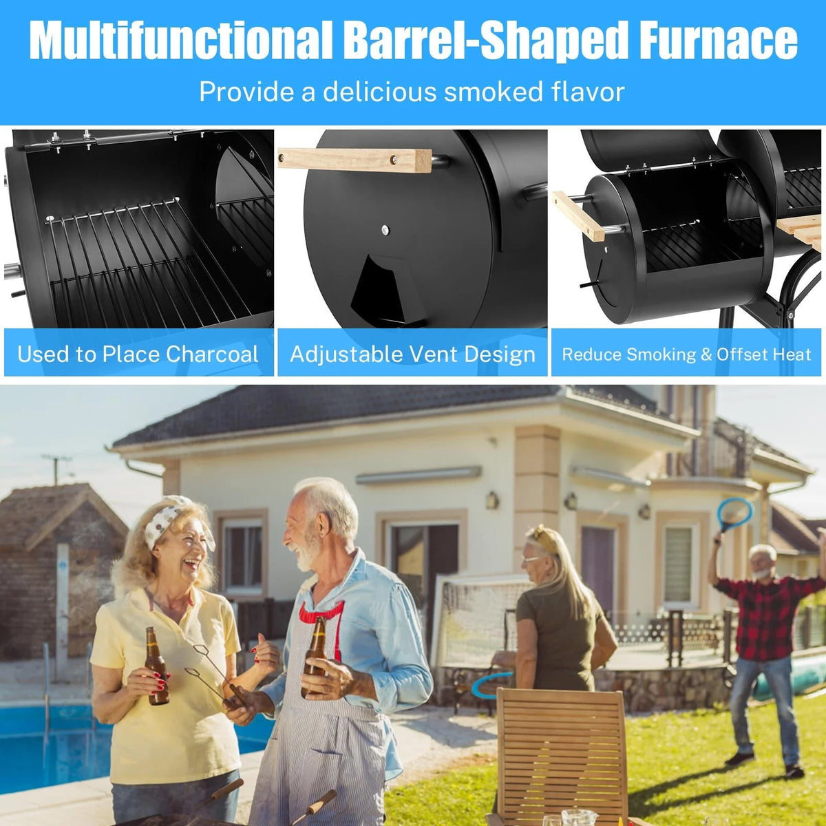 Charcoal Grill, 45.28-Inch Portable Offset Smoker with Wheels & Thermometer O856710