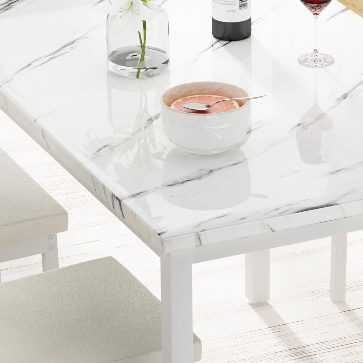 5 Piece Faux Marble Dining Set with 4 PU Leather Chairs M3553