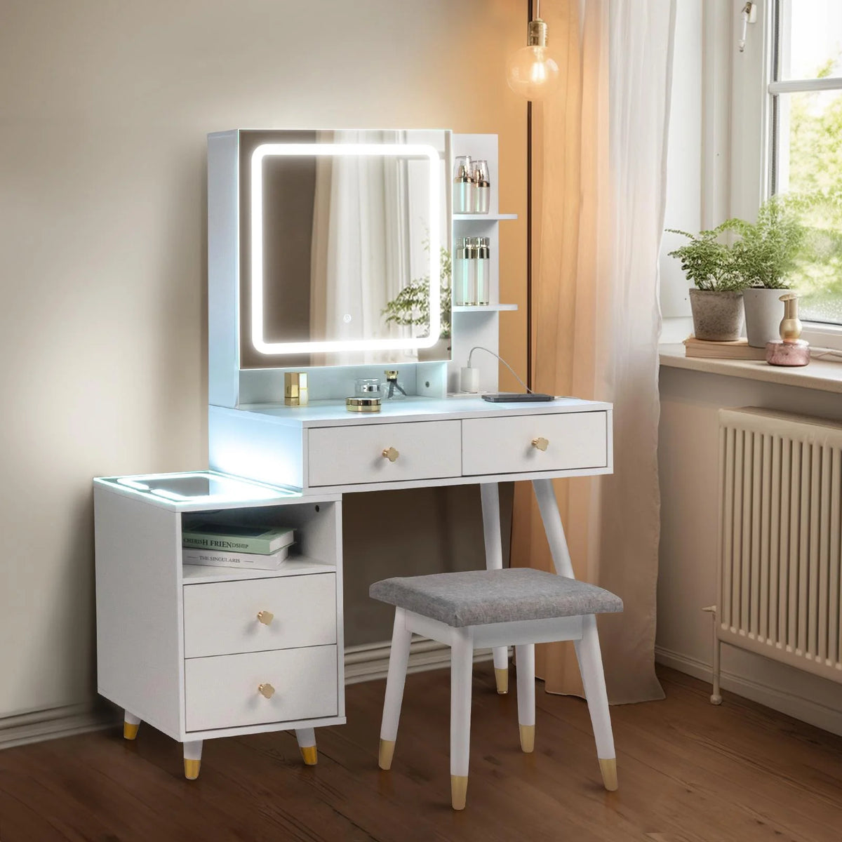 White Lighted Vanity Table Set with LED Nightstand S512