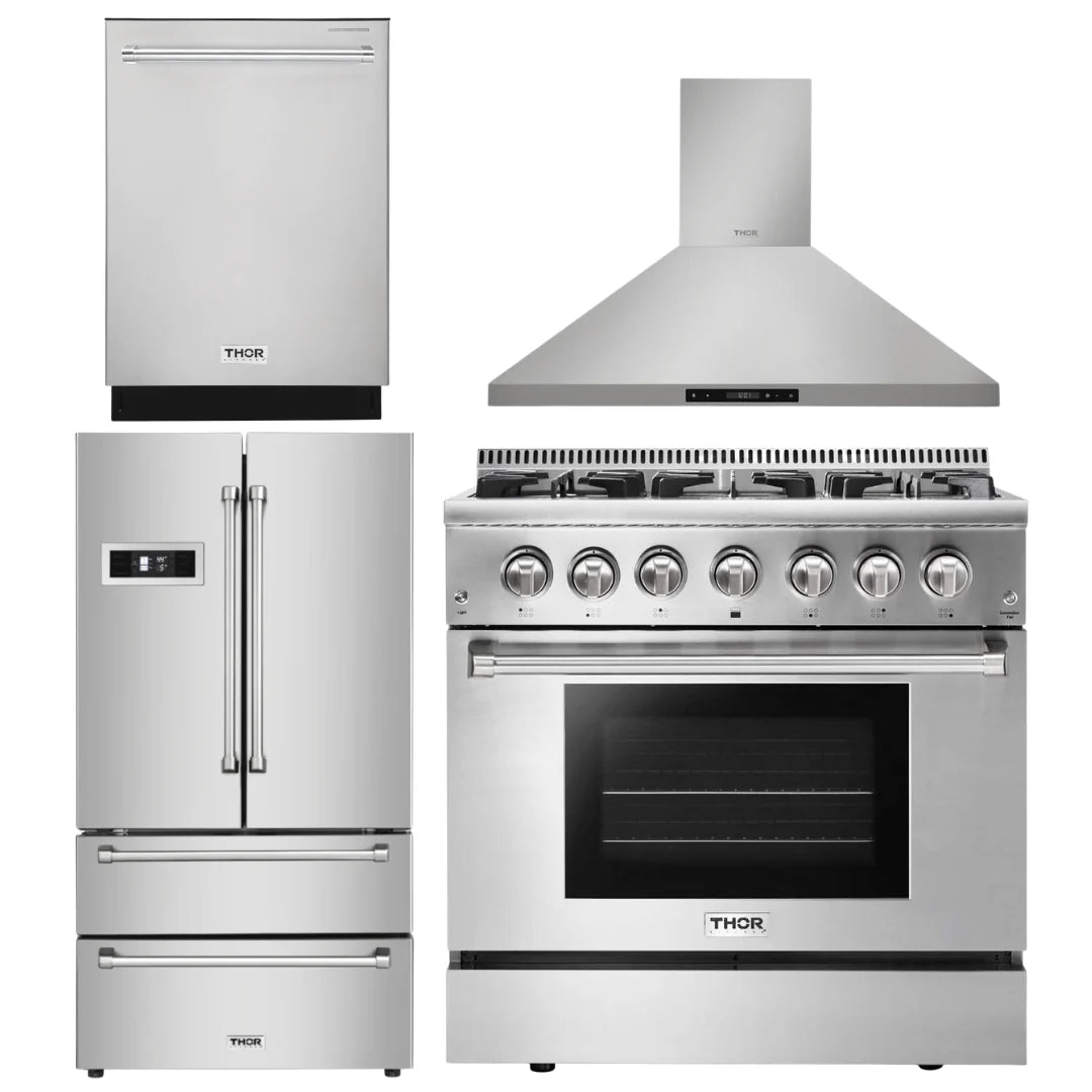 36 in. Gas Range, Range Hood, Dishwasher, Refrigerator R629