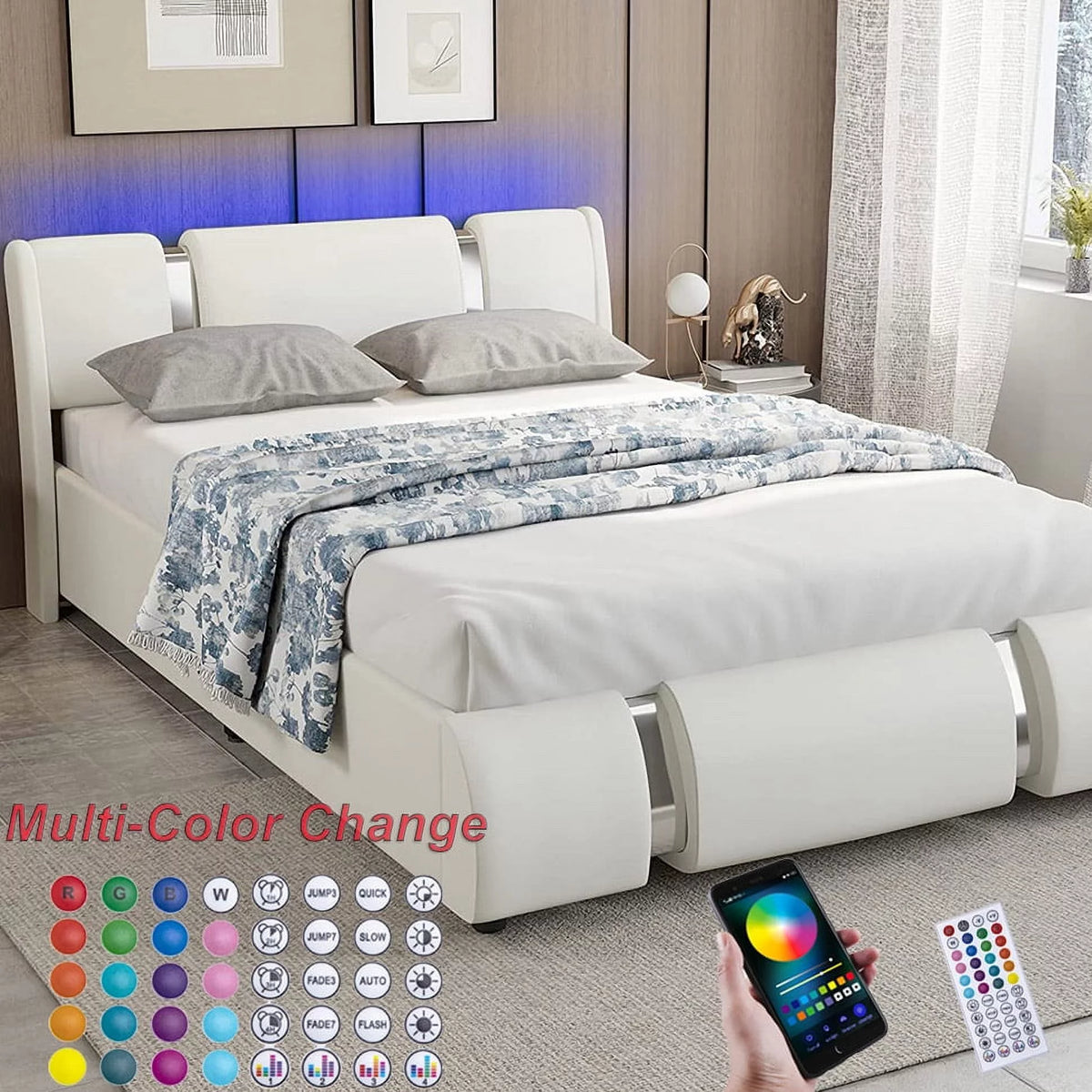 Queen Size Faux Leather Upholstered Platform Bed Frame with LED Light Headboard X503274
