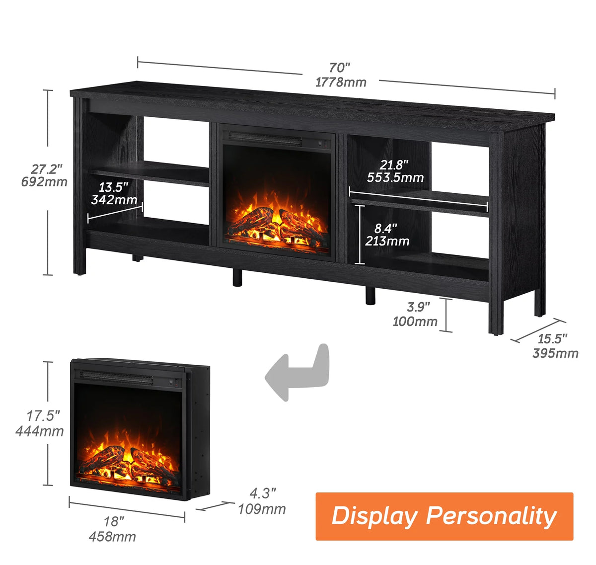 Black 70 inch Wood Fireplace TV Stand D698519