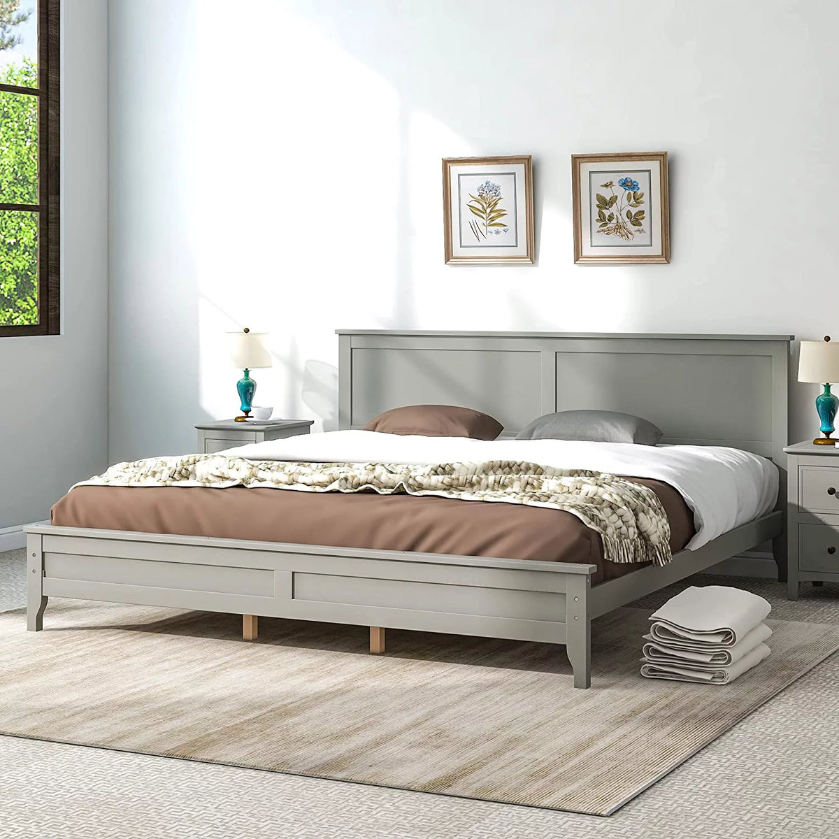 King Size Wood Platform Bed Frame with Headboard and Slat Support, Grey W2152