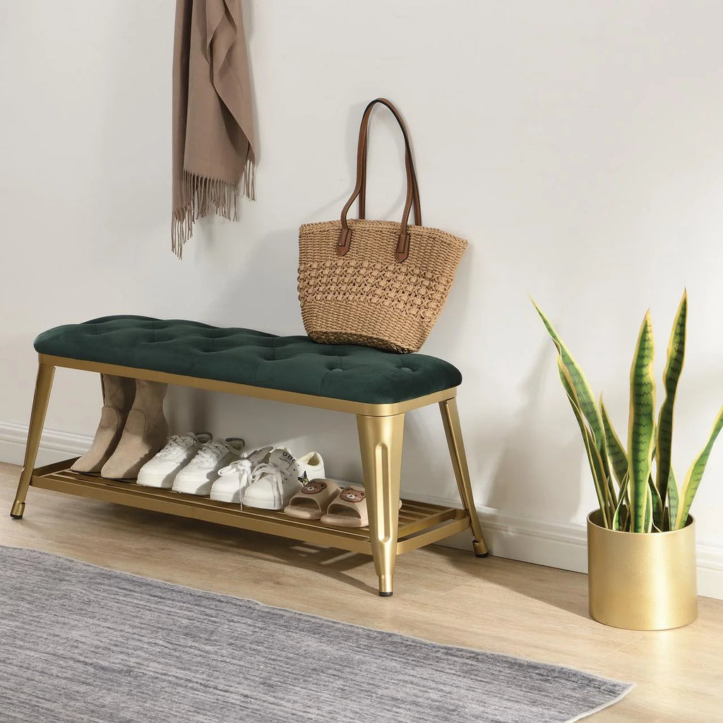 Shoe Storage Bench with Velvet Seat and Gold Legs P12579