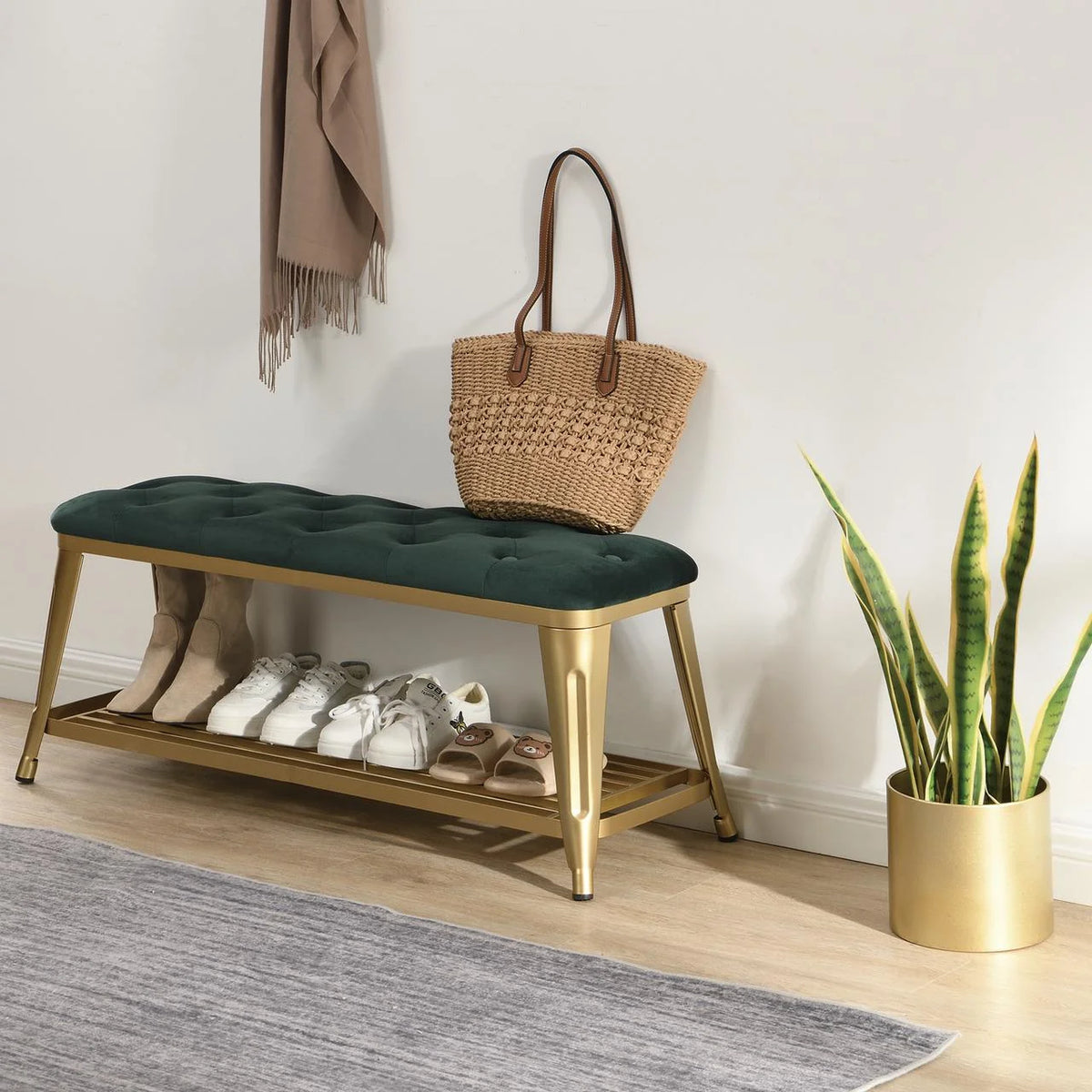 Shoe Storage Bench with Velvet Seat and Gold Legs P12579
