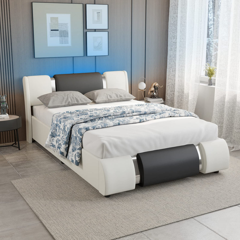 Queen Size Faux Leather Upholstered Platform Bed Frame with LED Light Headboard X503274