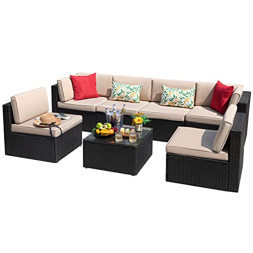 7 Pieces Wicker Rattan Outdoor Sectional Sofa Set with Cushion and Glass Table K46242