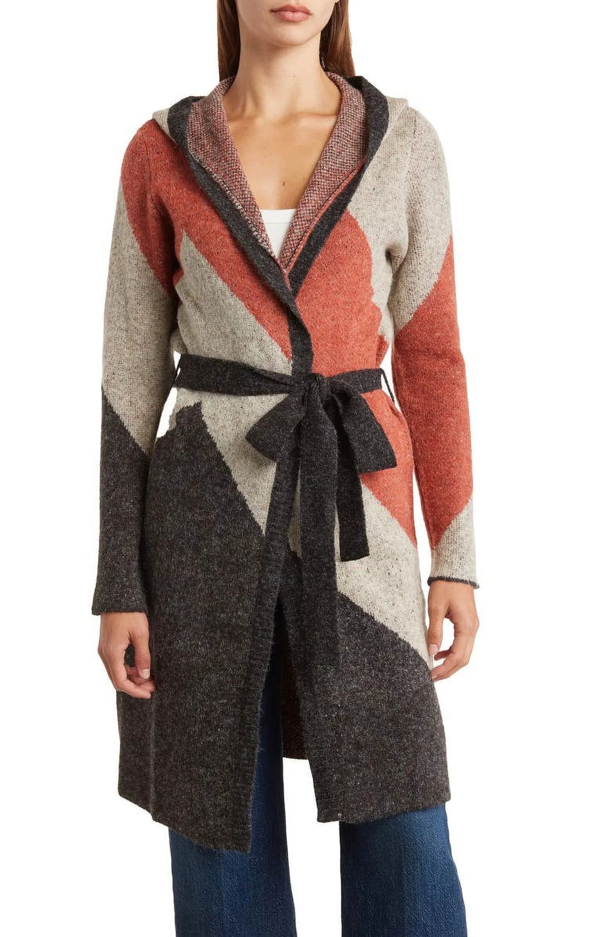 Women's Color Block Long Sleeve Tie Front Sweater E900