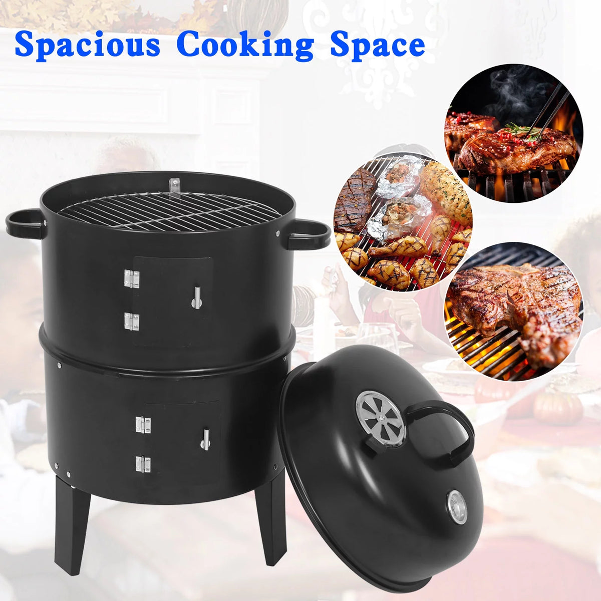 Detachable 3-in-1 Vertical Charcoal BBQ Smoker Grill W349842