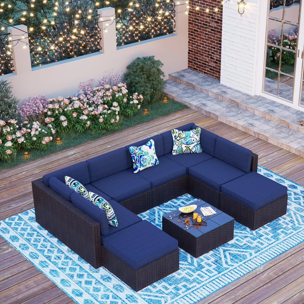 9-Piece Rattan Wicker Cushioned Patio Sectional Sofa Set J362159