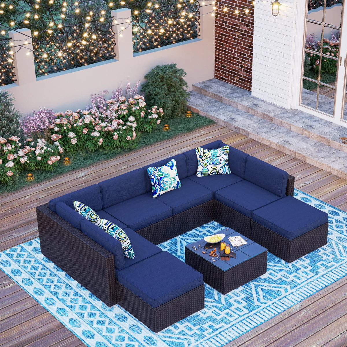 9-Piece Rattan Wicker Cushioned Patio Sectional Sofa Set J362159