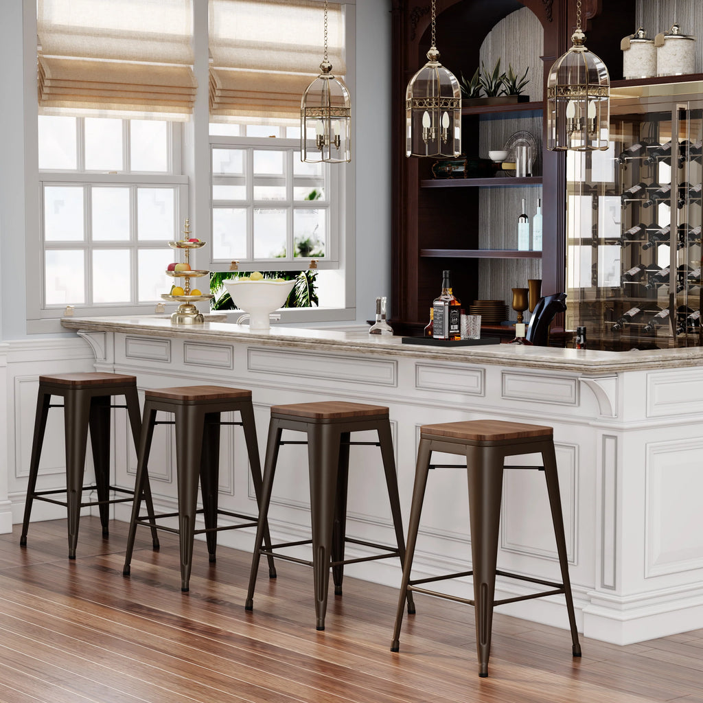 Set of 4 Metal Bar Stools Wood Seat Backless Q3484
