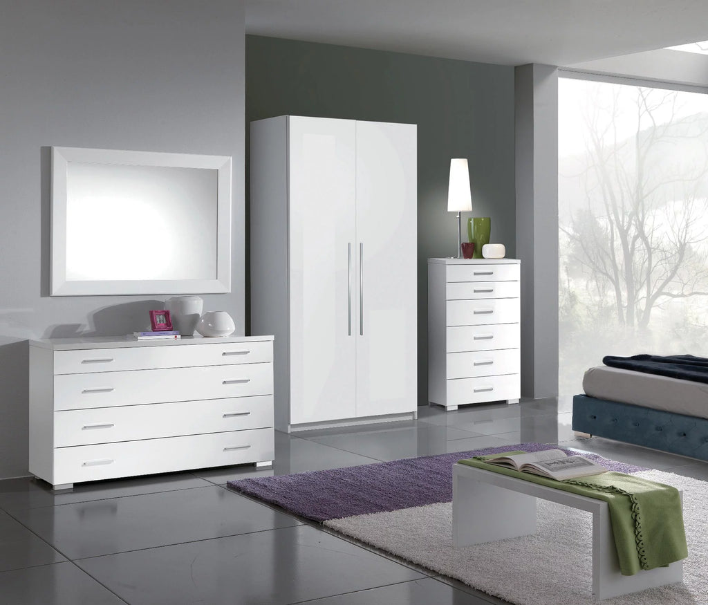 White High Gloss Dresser Chest & Wardrobe Set 3P V827