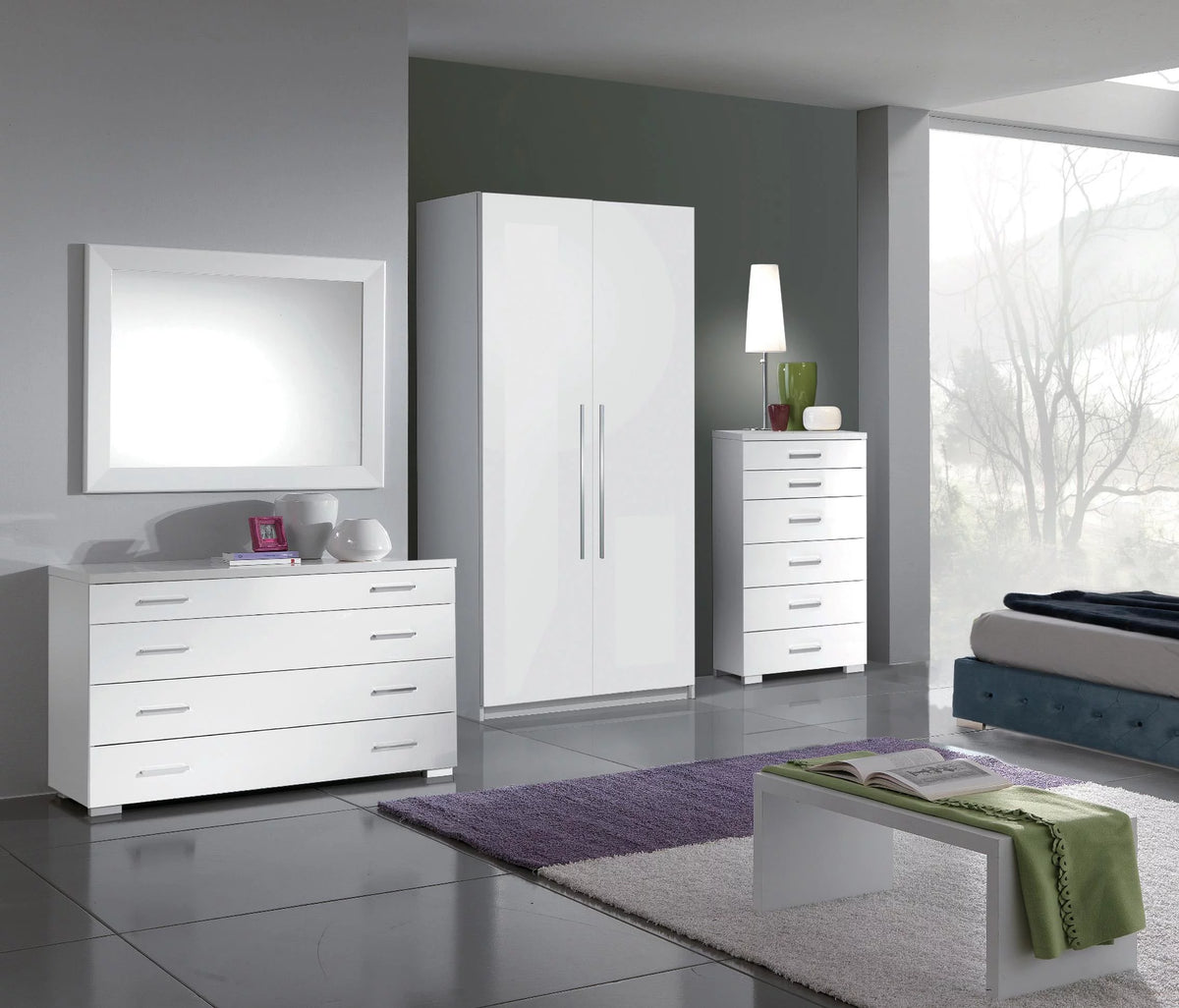 White High Gloss Dresser Chest & Wardrobe Set 3P V827