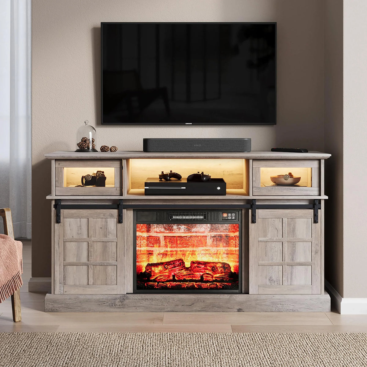 Gray Fireplace TV Stand with Electric Fireplace and Storage Cabinet E6092