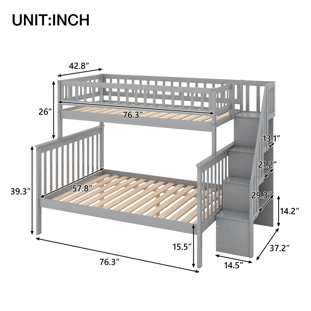 Gray Wood Twin over Full Bunk Bed with Stairs and Storage Shelf P126