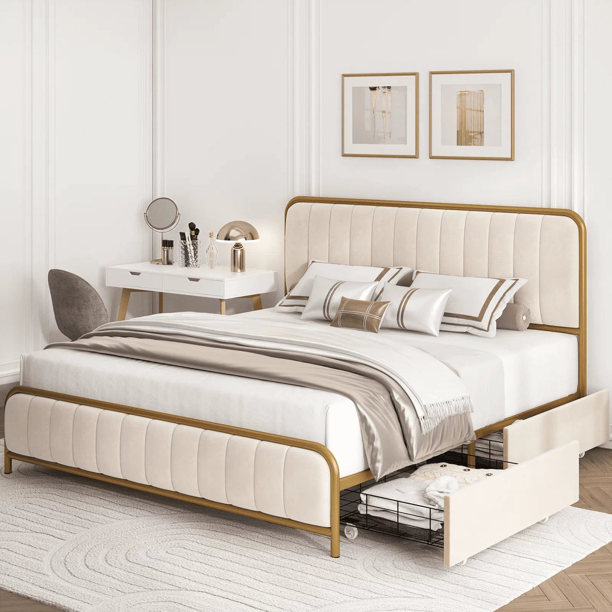 Queen Size Beige Upholstered Platform Bed with 4 Storage Drawers W214