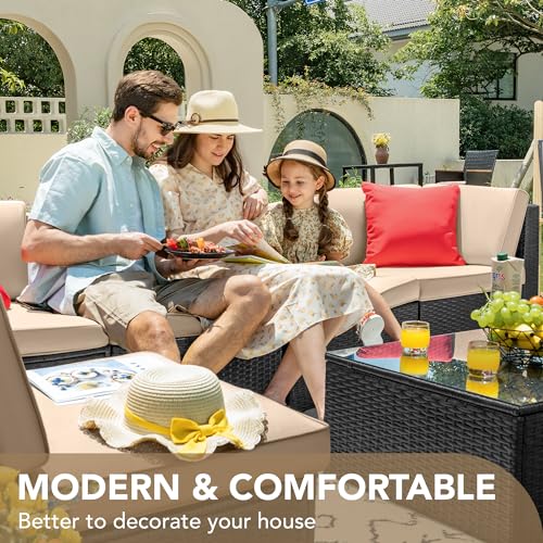 7 Pieces Wicker Rattan Outdoor Sectional Sofa Set with Cushion and Glass Table K46242