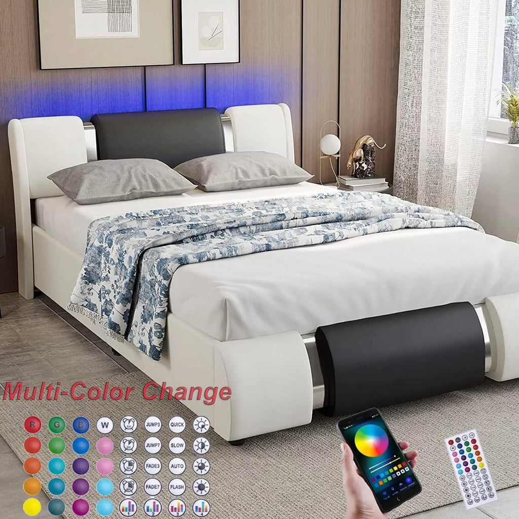 Queen Size Faux Leather Upholstered Platform Bed Frame with LED Light Headboard X503274