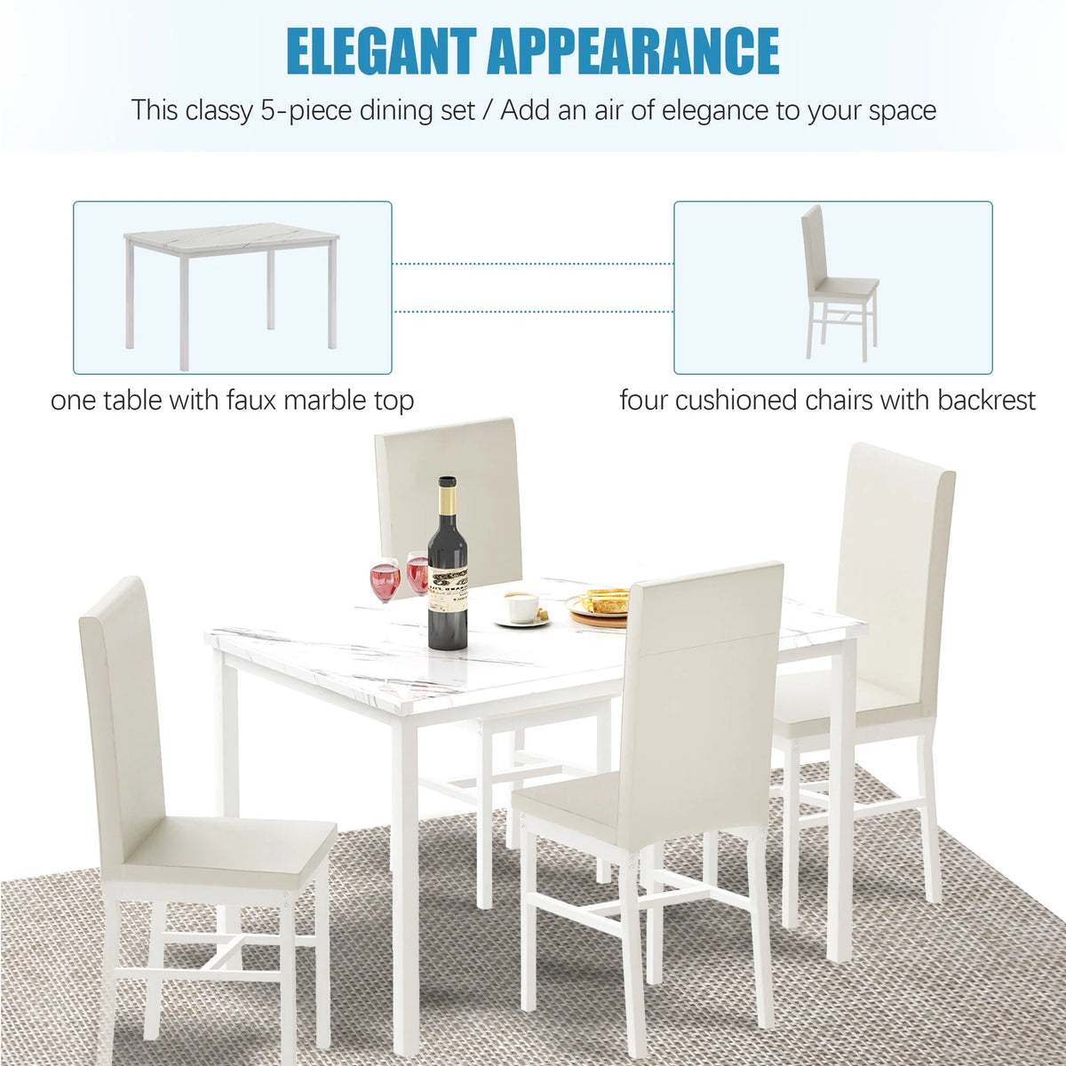 5 Piece Faux Marble Dining Set with 4 PU Leather Chairs M3553