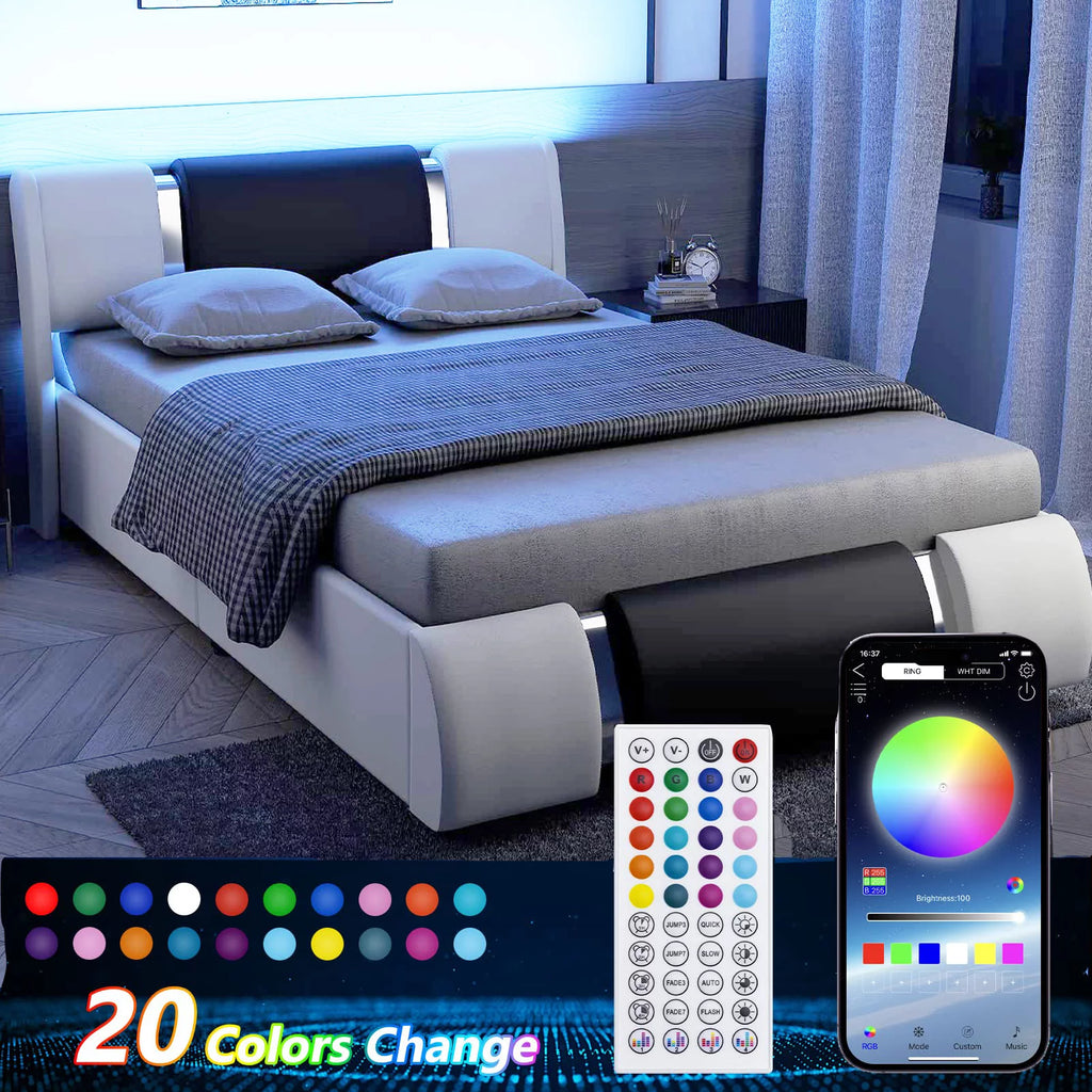 Queen Size Faux Leather Upholstered Platform Bed Frame with LED Light Headboard X503274