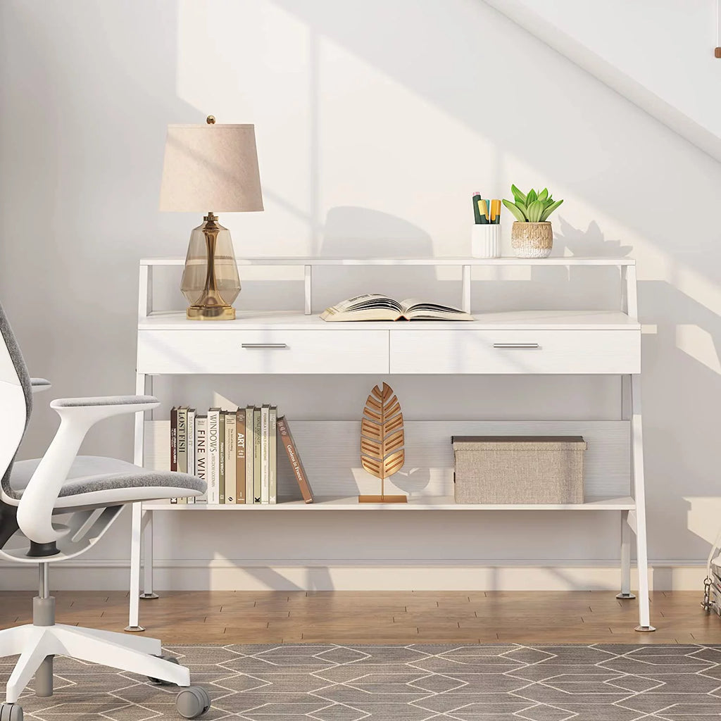 White Computer Desk with 2 Drawers and Storage Shelf J907