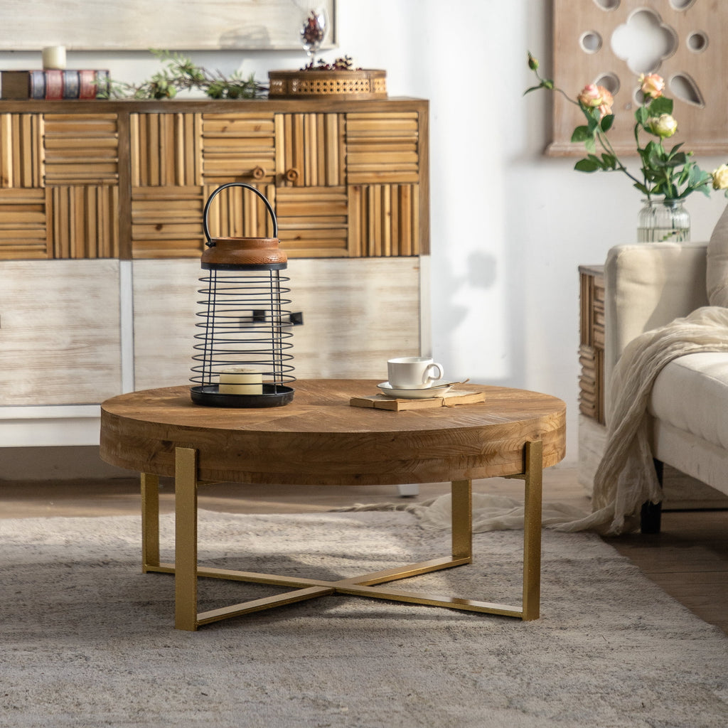 Modern Wood Round Coffee Table with Gold Cross Legs M583